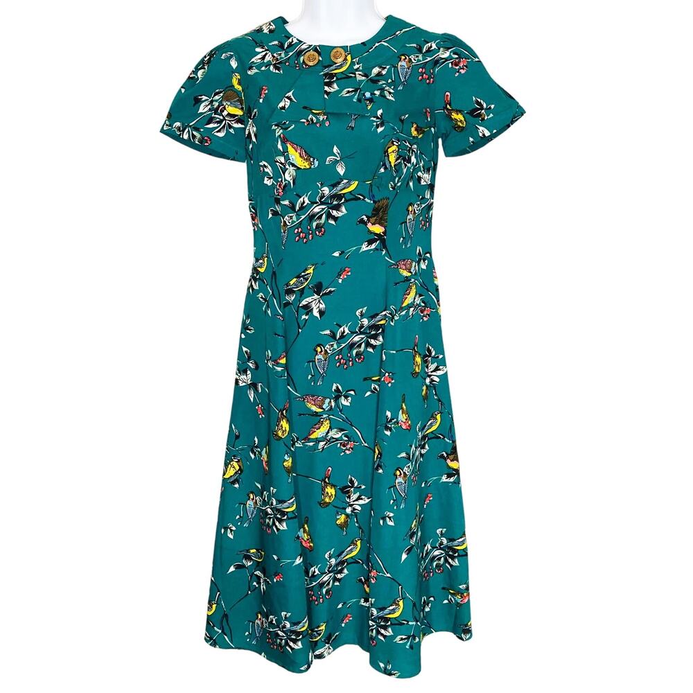 Hell Bunny Vixen Birdy Print Dress Retro Style Empire Waist Pleats NWT Size XS